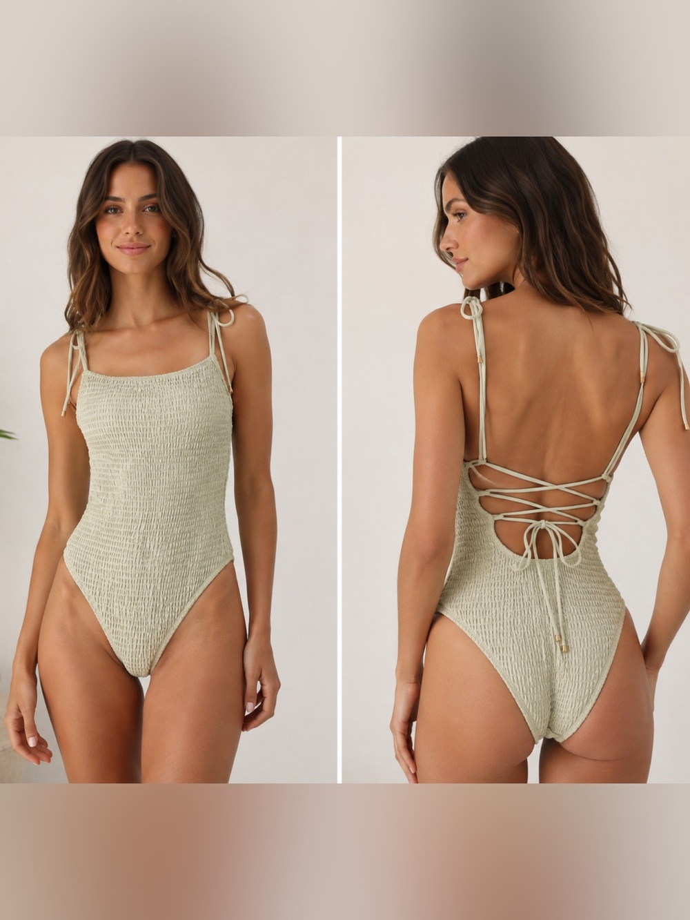 Charlie Holiday Smocked One Piece Swimsuit Sage Green Size S